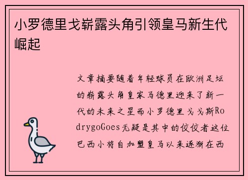 小罗德里戈崭露头角引领皇马新生代崛起 小罗德里戈崭露头角引领皇马新生代崛起
